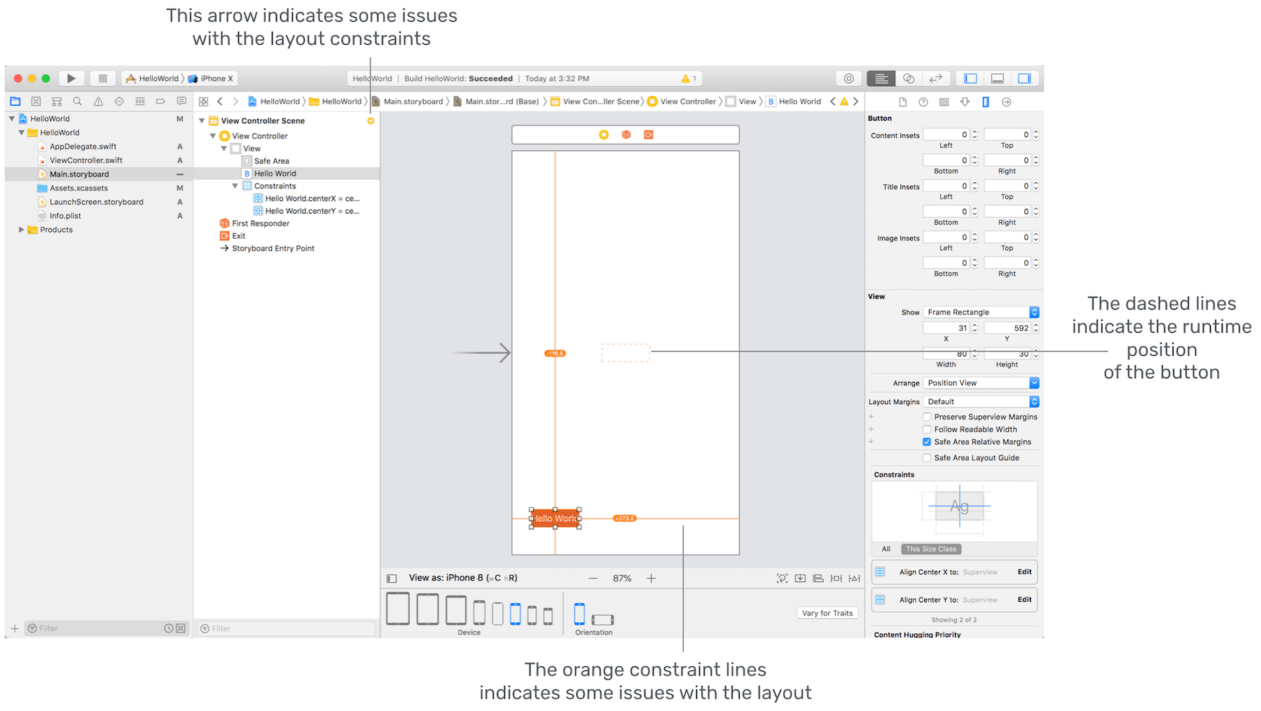 Figure 5-7. Interface Builder uses orange/red lines to indicate Auto Layout issues
