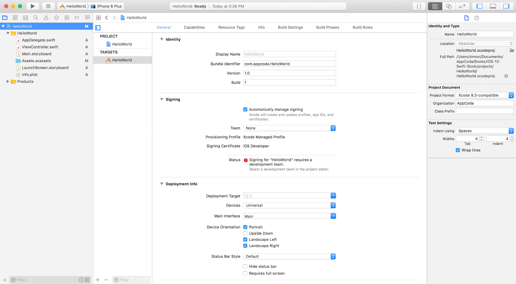 Figure 3-7. Main Xcode Window for HelloWorld Project