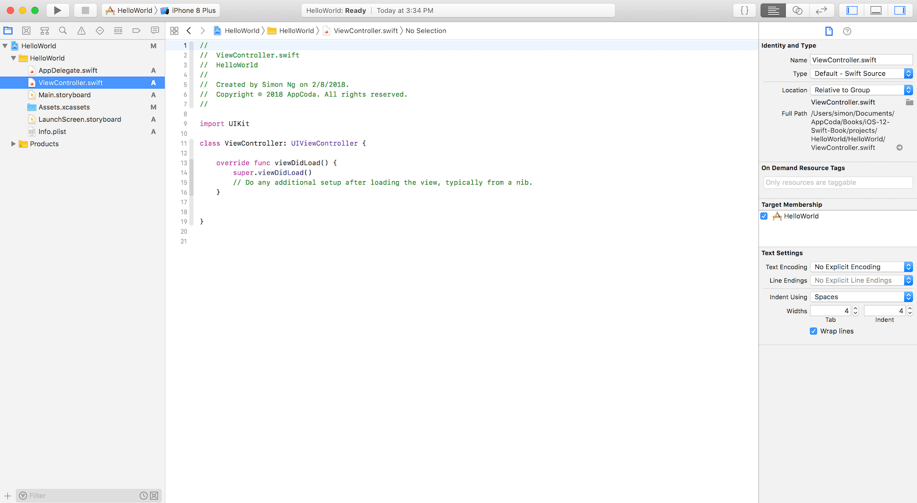 Figure 3-8. Xcode Workspace with Source Code Editor
