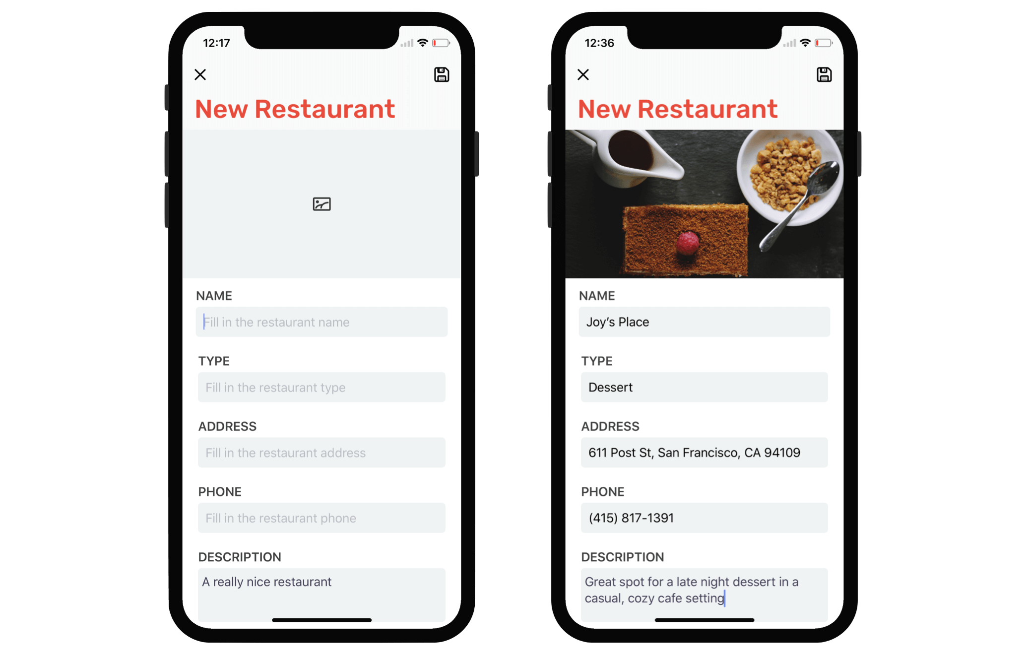 Figure 18-1. Creating a New Restaurant screen for adding a new restaurant
