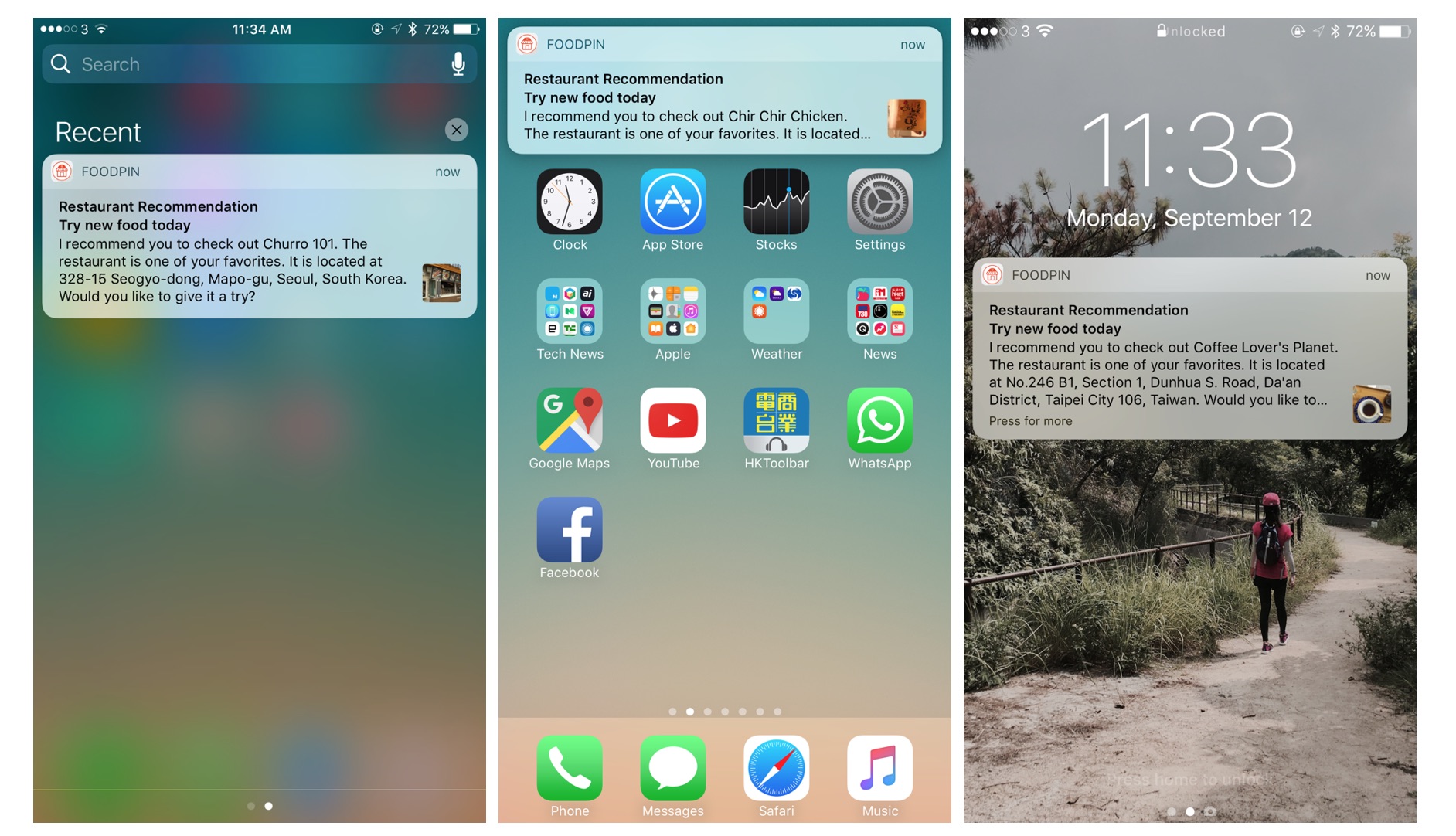 Figure 30-1. Sample user notifications in lock screen, home screen, and notifcation center